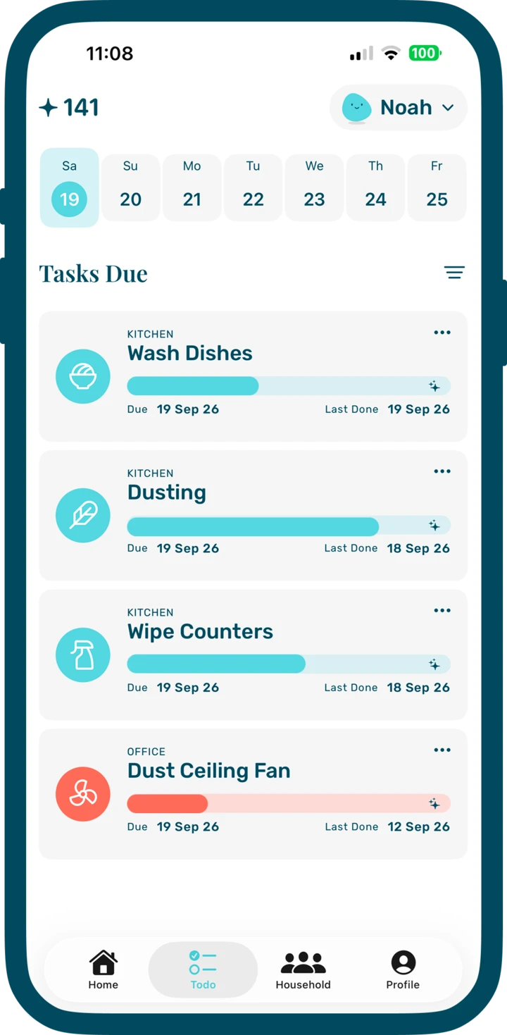 TrulyTidy Todo screen showing the tasks due today